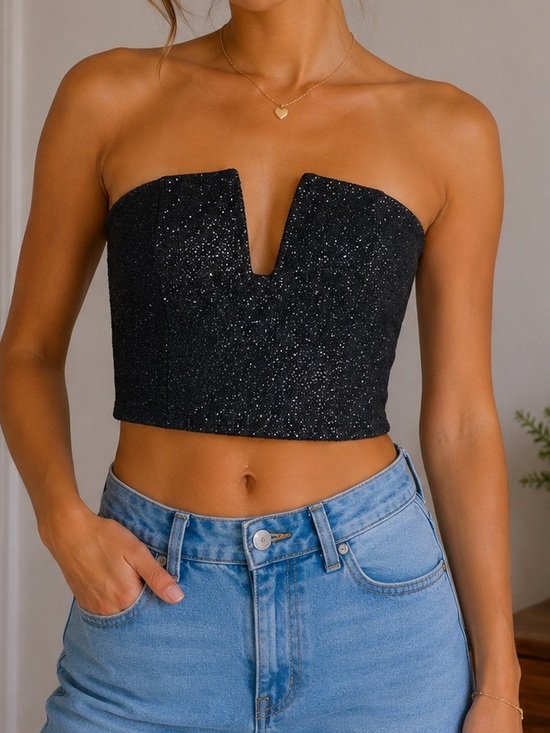 Asics Tops - Sparkly black strapless crop tube top Small size 2